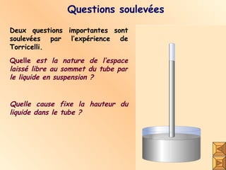 Questions soulevées Deux questions importantes sont soulevées par l’expérience de Torricelli. Quelle  est la nature de l’espace laissé libre au sommet du tube par le liquide en suspension ? Quelle cause fixe la hauteur du liquide dans le tube ? 