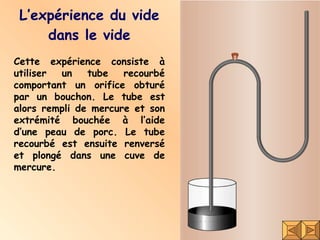 L’expérience du vide dans le vide Cette expérience consiste à utiliser un tube recourbé comportant un orifice obturé par un bouchon. Le tube est alors rempli de mercure et son extrémité bouchée à l’aide d’une peau de porc. Le tube recourbé est ensuite renversé et plongé dans une cuve de mercure. 