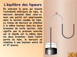 L’équilibre des liqueurs En enlevant la peau qui bouche l’extrémité inférieure du tube, le mercure descend dans celui-ci, mais une partie est emprisonnée dans la section coudée du tube. Le niveau de mercure se stabilise à la même hauteur dans les deux branches de cette section. Cela signifie que la pression exercée sur le liquide est la même dans les deux branches. Dans l’autre partie du tube, le mercure se stabilise à une hauteur entre 26 et 27 pouces. 