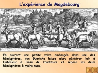 L’expérience de Magdebourg En ouvrant une petite valve aménagée dans une des hémisphères, von Guericke laisse alors pénétrer l’air à l’intérieur à l’insu de l’auditoire et sépare les deux hémisphères à mains nues. 