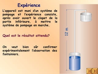 Expérience L’appareil est muni d’un système de pompage et l’expérience consiste, après avoir ouvert le clapet de la partie inférieure, à mettre le système de pompage en marche. Quel est le résultat attendu? On veut bien sûr confirmer expérimentalement l’observation des fontainiers. 