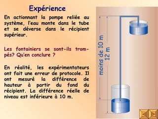 Expérience En actionnant la pompe reliée au système, l’eau monte dans le tube et se déverse dans le récipient supérieur.  Les fontainiers se sont-ils trom-pés? Qu’en conclure ? En réalité, les expérimentateurs ont fait une erreur de protocole. Il ont mesuré la différence de hauteur à partir du fond du récipient. La différence réelle de niveau est inférieure à 10 m. 