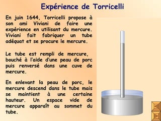 Expérience de Torricelli En juin 1644, Torricelli propose à son ami Viviani de faire une expérience en utilisant du mercure. Viviani fait fabriquer un tube adéquat et se procure le mercure. Le tube est rempli de mercure,  bouché à l’aide d’une peau de porc puis renversé dans une cuve de mercure.  En enlevant la peau de porc, le mercure descend dans le tube mais se maintient à une certaine hauteur. Un espace vide de mercure apparaît au sommet du tube. 