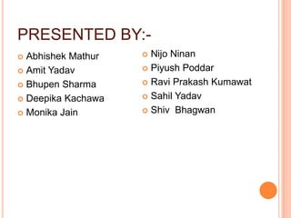 PRESENTED BY:-NijoNinanPiyushPoddarRavi PrakashKumawatSahilYadavShivBhagwanAbhishek MathurAmitYadavBhupen SharmaDeepikaKachawaMonika Jain