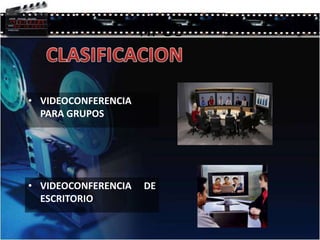 TIPOSCLASIFICACIONVIDEOCONFERENCIA PARA GRUPOSVIDEOCONFERENCIA DE ESCRITORIOIMPORTANCIAOFRECE FACILIDADES TEMÁTICAS O DE OTRO TIPO DE INTERCAMBIO DE INFORMACIÓNPERMITE AHORRAR EN COSTO , PRODUCTIVIDAD Y GANANCIAS ESTRATÉGICAS 