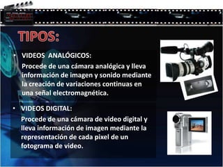 TIPOS:VIDEOS  ANALÓGICOS:	Procede de una cámara analógica y lleva información de imagen y sonido mediante la creación de variaciones continuas en una señal electromagnética.VIDEOS DIGITAL:Procede de una cámara de video digital y lleva información de imagen mediante la representación de cada pixel de un fotograma de video.