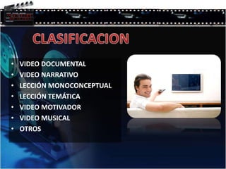 CLASIFICACIONVIDEO DOCUMENTALVIDEO NARRATIVOLECCIÓN MONOCONCEPTUALLECCIÓN TEMÁTICAVIDEO MOTIVADORVIDEO MUSICALOTROS
