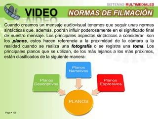 Page  105
SISTEMAS MULTIMEDIALES
VIDEO NORMAS DE FILMACIÓN
Cuando creamos un mensaje audiovisual tenemos que seguir unas normas
sintácticas que, además, podrán influir poderosamente en el significado final
de nuestro mensaje. Los principales aspectos sintácticos a considerar son
los planos, estos hacen referencia a la proximidad de la cámara a la
realidad cuando se realiza una fotografía o se registra una toma. Los
principales planos que se utilizan, de los más lejanos a los más próximos,
están clasificados de la siguiente manera:
 