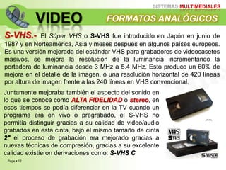 Page  12
SISTEMAS MULTIMEDIALES
VIDEO
S-VHS.- El Súper VHS o S-VHS fue introducido en Japón en junio de
1987 y en Norteamérica, Asia y meses después en algunos países europeos.
Es una versión mejorada del estándar VHS para grabadores de videocasetes
masivos, se mejora la resolución de la luminancia incrementando la
portadora de luminancia desde 3 MHz a 5.4 MHz. Esto produce un 60% de
mejora en el detalle de la imagen, o una resolución horizontal de 420 líneas
por altura de imagen frente a las 240 líneas en VHS convencional.
FORMATOS ANALÓGICOS
Juntamente mejoraba también el aspecto del sonido en
lo que se conoce como ALTA FIDELIDAD o stereo, en
esos tiempos se podía diferenciar en la TV cuando un
programa era en vivo o pregrabado, el S-VHS no
permitía distinguir gracias a su calidad de video/audio
grabados en esta cinta, bajo el mismo tamaño de cinta
2" el proceso de grabación era mejorado gracias a
nuevas técnicas de compresión, gracias a su excelente
calidad existieron derivaciones como: S-VHS C
 