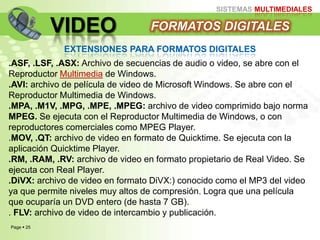 Page  25
SISTEMAS MULTIMEDIALES
VIDEO FORMATOS DIGITALES
EXTENSIONES PARA FORMATOS DIGITALES
.ASF, .LSF, .ASX: Archivo de secuencias de audio o video, se abre con el
Reproductor Multimedia de Windows.
.AVI: archivo de película de video de Microsoft Windows. Se abre con el
Reproductor Multimedia de Windows.
.MPA, .M1V, .MPG, .MPE, .MPEG: archivo de video comprimido bajo norma
MPEG. Se ejecuta con el Reproductor Multimedia de Windows, o con
reproductores comerciales como MPEG Player.
.MOV, .QT: archivo de video en formato de Quicktime. Se ejecuta con la
aplicación Quicktime Player.
.RM, .RAM, .RV: archivo de video en formato propietario de Real Video. Se
ejecuta con Real Player.
.DiVX: archivo de video en formato DiVX:) conocido como el MP3 del video
ya que permite niveles muy altos de compresión. Logra que una película
que ocuparía un DVD entero (de hasta 7 GB).
. FLV: archivo de video de intercambio y publicación.
 