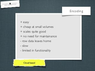 Encoding
+ easy
+ cheap at small volumes
+ scales quite good
+ no need for maintainance
- row data leaves home
- slow
- limited in functionality

Cloud based

 