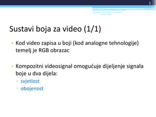 Sustavi boja za video (1/1)
• Kod video zapisa u boji (kod analogne tehnologije)
temelj je RGB obrazac
• Kompozitni videosignal omogućuje dijeljenje signala
boje u dva dijela:
▫ svjetlost
▫ obojenost
18.6.2014.Sveučilište u Rijeci - Odjel
za Informatiku
5
 