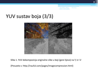 YUV sustav boja (3/3)
18.6.2014.Sveučilište u Rijeci -
Odjel za Informatiku
8
Slika 1. YUV dekompozicija originalne slike u boji (gore lijevo) na Y, U i V
(Preuzeto s: http://nauful.com/pages/imagecompression.html)
 
