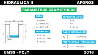 HIDRAULICA II AFOROS
UMSS - FCyT 2016
PARAMETROS GEOMETRICOS
A = b h
A1 = 0,4 0,035
A1 = 0,014 m2
0,4 0,20,2
0,45
0,65
0,035
0,4
0,035
AREA
P = b + 2y
P = 0,4 + 2 ∗ 0,035
P = 0,47 m
PERIMETRO
T = b
T =
T = 0,4 m
ESPEJO DE AGUA
0,0140,014
Rh =
A
P
=
RADIO HIDRAULICO
0,47
= 0,02979 m
D =
A
T
=
PROFUNDIDAD HIDRAULICA
= 0,035 m
0,4
 