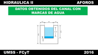 HIDRAULICA II AFOROS
UMSS - FCyT 2016
DATOS OBTENIDOS DEL CANAL CON
MARCAS DE AGUA
0,4 0,20,2
0,65
0,035
0,345
0,45
 