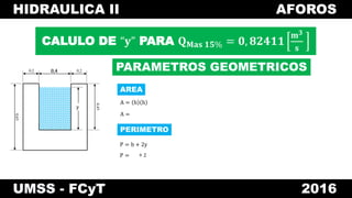 HIDRAULICA II AFOROS
UMSS - FCyT 2016
CALULO DE “𝐲” PARA 𝐐 𝐌𝐚𝐬 𝟏𝟓% = 𝟎, 𝟖𝟐𝟒𝟏𝟏
𝐦 𝟑
𝐬
0,4 0,20,2
0,65
y
0,45
PARAMETROS GEOMETRICOS
A = b h
A =
AREA
0,4
y
P = b + 2y
P =
PERIMETRO
+ 2
0,4
y
 