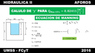 HIDRAULICA II AFOROS
UMSS - FCyT 2016
0,40,4 0,20,2
0,65
y
0,45
0,4
y
0,4
y
CALULO DE “𝐲” PARA 𝐐 𝐌𝐚𝐬 𝟏𝟓% = 𝟎, 𝟖𝟐𝟒𝟏𝟏
𝐦 𝟑
𝐬
ECUACION DE MANNING
A = 0,4y
P = 0,4 + 2y
T = 0,4
Rh =
0,4y
0,4 + 2y
D = y
So = 0,07514
n = 0,015
Q =
A
n
Rh
2
3 So
1
2
0,82411 =
0,4y
0,4 + 2y
2
3
1
2
0,4y
0,4y
0,4 + 2y
0,07514
0,015
y = 0,4261 𝐦
 