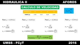 HIDRAULICA II AFOROS
UMSS - FCyT 2016
CALCULO DE VELOCIDAD
DISTANCIA [m] 12 12 12 12
TIEMPO [s] 13,95 14,35 12,38 12,54
Para t1 = 13,95 s
vi =
d
ti
v1 =
12
13,95
v1 = 0,86022
m
s
Para t2 = 14,35 s
v2 =
12
14,35
v2 = 0,83624
m
s
Para t3 = 12,38 s
v3 =
12
12,38
v3 = 0,96931
m
s
Para t4 = 12,54 s
v4 =
12
12,54
v4 = 0,95694
m
s
vPROMEDIO =
i=1
4
vi
4
= 0,90568
m
s
 