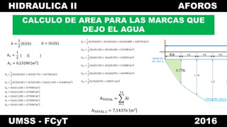 HIDRAULICA II AFOROS
UMSS - FCyT 2016
CALCULO DE AREA PARA LAS MARCAS QUE
DEJO EL AGUA
A =
1
2
b h A = b h
A1 =
1
2
A1 = 0,23280 m2
A9 =
1
2
0,3 0,632 + 0,3 0,632 + 0,6 0,688 = 0,69720 m2
A10 =
1
2
0,6 0,120 + 0,6 0,568 = 0,37680 m2
A11 =
1
2
0,6 0,192 + 0,6 0,376 = 0,28320 m2
A12 =
1
2
0,6 0,192 + 0,6 0,184 = 0,16800 m2
A13 =
1
2
0,6 0,105 + 0,6 0,079 = 0,07890 m2
A14 =
1
2
0,19 0,079 = 0,00751 m2
ATOTAL =
i=1
13
Ai
ATOTAL 2 = 7,14376 m2
0,6
A2 =
1
2
0,6 0,363 + 0,6 0,776 = 0,57450 m2
A3 =
1
2
0,3 0,181 + 0,3 0,181 + 0,6 1,139 = 0,76485 m2
A4 = 0,6 1,320 = 0,79200 m2
A5 = 0,6 1,320 = 0,79200 m2
A6 = 0,6 1,320 = 0,79200 m2
A7 = 0,6 1,320 = 0,79200 m2
A8 = 0,6 1,320 = 0,79200 m2
MARCAS
DE AGUA
0,6 0,6 0,6 0,6
0,776
1,139
1,32 1
NIVEL DEL AGUA
0,776
 