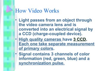 How Video Works
• Light passes from an object through
the video camera lens and is
converted into an electrical signal by
a CCD (charge-coupled device).
• High quality cameras have 3 CCD.
Each one take separate measurement
of primary colors.
• Signal contains 3 channels of color
information (red, green, blue) and a
synchronization pulse.
 