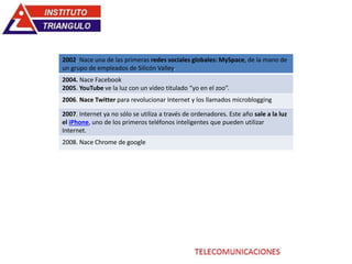 2002. Nace una de las primeras redes sociales globales: MySpace, de la mano de
un grupo de empleados de Silicón Valley.
2004. Nace Facebook
2005. YouTube ve la luz con un vídeo titulado “yo en el zoo”.
2006. Nace Twitter para revolucionar Internet y los llamados microblogging
2007. Internet ya no sólo se utiliza a través de ordenadores. Este año sale a la luz
el iPhone, uno de los primeros teléfonos inteligentes que pueden utilizar
Internet.
2008. Nace Chrome de google
 