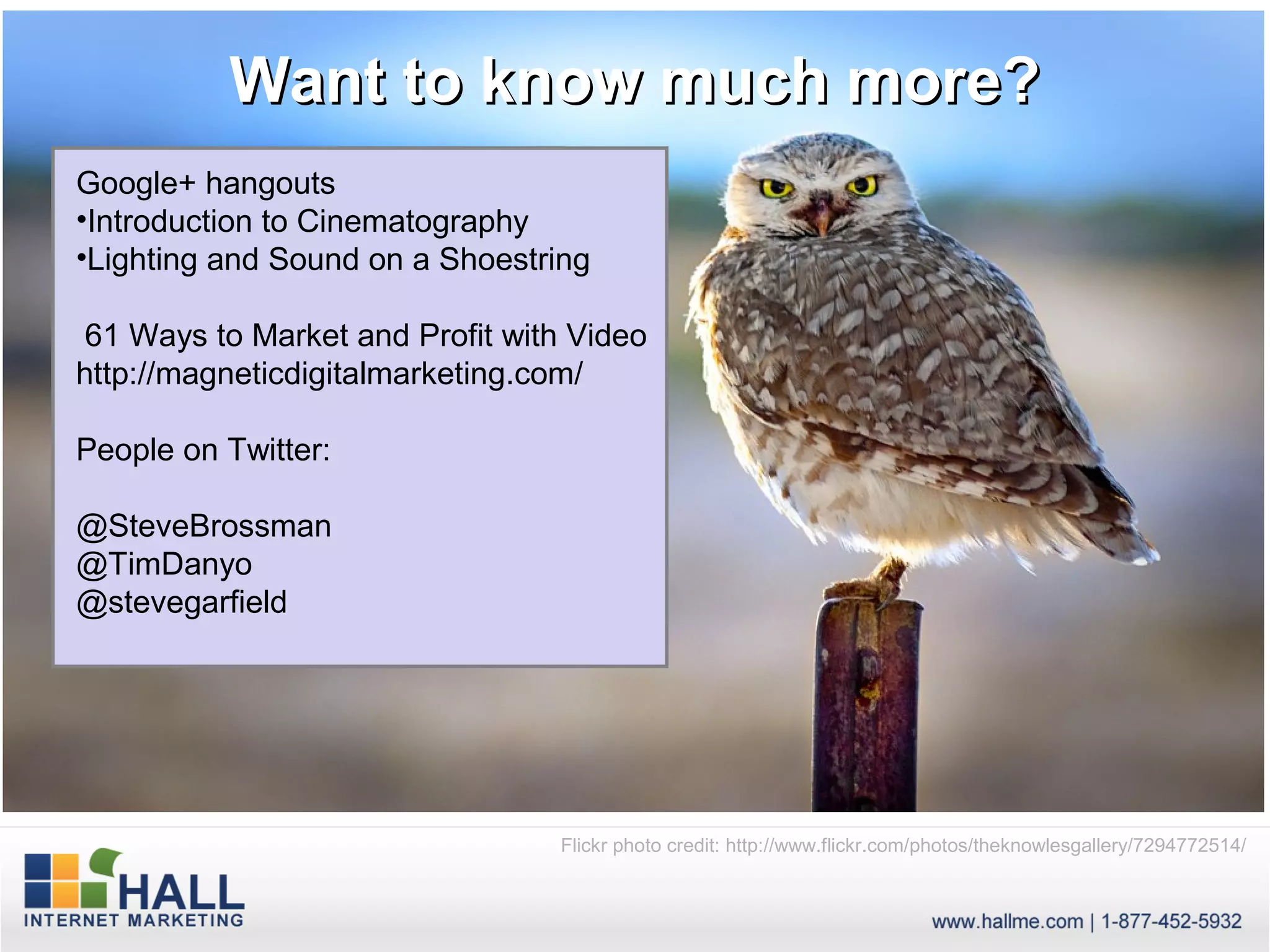 Want to know much more?
Google+ hangouts
•Introduction to Cinematography
•Lighting and Sound on a Shoestring

 61 Ways to Market and Profit with Video
http://magneticdigitalmarketing.com/

People on Twitter:

@SteveBrossman
@TimDanyo
@stevegarfield




                                 Flickr photo credit: http://www.flickr.com/photos/theknowlesgallery/7294772514/
 