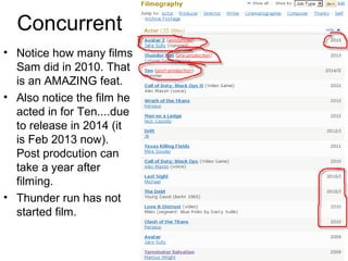 Concurrent
• Notice how many films
Sam did in 2010. That
is an AMAZING feat.
• Also notice the film he
acted in for Ten....due
to release in 2014 (it
is Feb 2013 now).
Post prodcution can
take a year after
filming.
• Thunder run has not
started film.
 