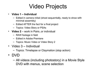 Video Projects
• Video 1 – Individual
– Edited in camera initial (shoot sequentially, ready to show with
minimal assembly)
– Edited AFTER the fact for a final project
– Topics: Video Story or PSAs
• Video 2 – work in Pairs..or individual
– RAW footage in field
– Edited in Adobe Premiere
– Topics: Music Video or Video Story 2
• Video 3 – Individual
– Topics: Timelapse or Claymation (stop action)
• DVD
– All videos (including photostory) in a Movie Style
DVD with menus, scene selection
 