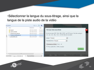 •Sélectionner la langue du sous-titrage, ainsi que la langue de la piste audio de la
vidéo
•Choisir le fichier .sbv repris depuis Youtube

11

 