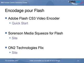 Encodage pour Flash Adobe Flash CS3 Video Encoder Quick Start Sorenson Media Squeeze for Flash Site ON2 Technologies Flix  Site 