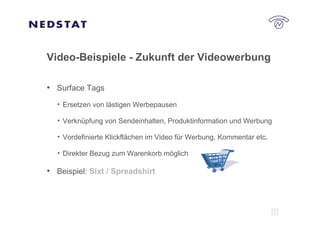 Video-Beispiele - Zukunft der Videowerbung Surface Tags Ersetzen von lästigen Werbepausen Verknüpfung von Sendeinhalten, Produktinformation und Werbung Vordefinierte Klickflächen im Video für Werbung, Kommentar etc. Direkter Bezug zum Warenkorb möglich Beispiel:  Sixt / Spreadshirt 