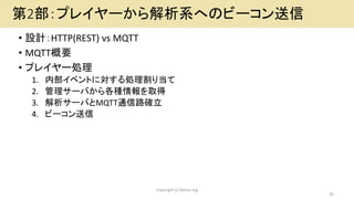 • 設計：HTTP(REST) vs MQTT
• MQTT概要
• プレイヤー処理
1. 内部イベントに対する処理割り当て
2. 管理サーバから各種情報を取得
3. 解析サーバとMQTT通信路確立
4. ビーコン送信
Copyright (c...