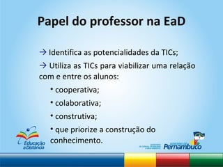 Identifica as potencialidades da TICs; Utiliza as TICs para viabilizar uma relação com e entre os alunos: cooperativa; colaborativa; construtiva; que priorize a construção do conhecimento. Papel do professor na EaD 