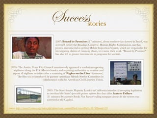 Successstories
2007: Bound by Promises (17 minutes), about modern-day slavery in Brazil, was
screened before the Brazilian...