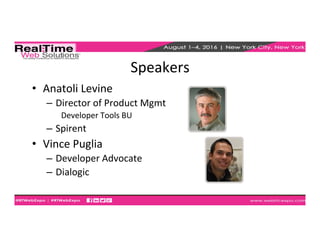 Speakers	
  
•  Anatoli	
  Levine	
  
–  Director	
  of	
  Product	
  Mgmt	
  
Developer	
  Tools	
  BU	
  
–  Spirent	
  
•  Vince	
  Puglia	
  
–  Developer	
  Advocate	
  
–  Dialogic	
  
 