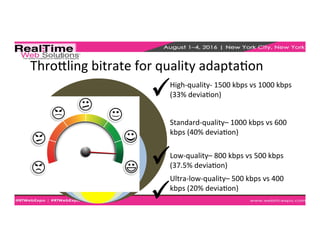 Throkling	
  bitrate	
  for	
  quality	
  adaptaEon	
  
High-­‐quality-­‐	
  1500	
  kbps	
  vs	
  1000	
  kbps	
  
(33%	
  deviaEon)	
  	
  
Standard-­‐quality–	
  1000	
  kbps	
  vs	
  600	
  
kbps	
  (40%	
  deviaEon)	
  	
  
Low-­‐quality–	
  800	
  kbps	
  vs	
  500	
  kbps	
  
(37.5%	
  deviaEon)	
  	
  
Ultra-­‐low-­‐quality–	
  500	
  kbps	
  vs	
  400	
  
kbps	
  (20%	
  deviaEon)	
  	
  
	
  
 