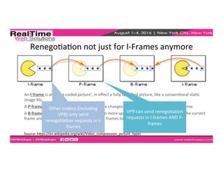 RenegoEaEon	
  not	
  just	
  for	
  I-­‐Frames	
  anymore	
  
An	
  I‑frame	
  is	
  an	
  'Intra-­‐coded	
  picture',	
  in	
  eﬀect	
  a	
  fully	
  speciﬁed	
  picture,	
  like	
  a	
  convenEonal	
  staEc	
  
image	
  ﬁle.	
  
A	
  P‑frame	
  ('Predicted	
  picture')	
  holds	
  only	
  the	
  changes	
  in	
  the	
  image	
  from	
  the	
  previous	
  frame.	
  	
  
A	
  B‑frame	
  ('Bi-­‐predicEve	
  picture')	
  saves	
  even	
  more	
  space	
  by	
  using	
  diﬀerences	
  between	
  the	
  current	
  
frame	
  and	
  both	
  the	
  preceding	
  and	
  following	
  frames	
  to	
  specify	
  its	
  content.	
  
Other	
  codecs	
  (including	
  
VP8)	
  only	
  send	
  
renegoEaEon	
  requests	
  in	
  I-­‐
frames	
  
VP9	
  can	
  send	
  renegoEaEon	
  
requests	
  in	
  I-­‐frames	
  AND	
  P-­‐
frames	
  
Source:	
  hkps://en.wikipedia.org/wiki/Video_compression_picture_types	
  
	
  
 