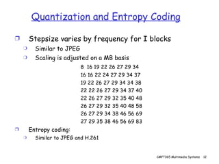 Quantization and Entropy Coding Stepsize varies by frequency for I blocks Similar to JPEG Scaling is adjusted on a MB basis 8  16 19 22 26 27 29 34 16 16 22 24 27 29 34 37 19 22 26 27 29 34 34 38 22 22 26 27 29 34 37 40 22 26 27 29 32 35 40 48 26 27 29 32 35 40 48 58 26 27 29 34 38 46 56 69 27 29 35 38 46 56 69 83 Entropy coding:  Similar to JPEG and H.261 
