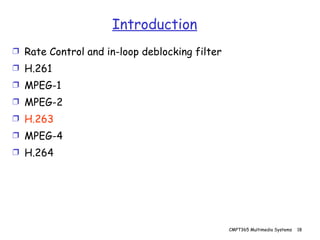 Introduction Rate Control and in-loop deblocking filter H.261 MPEG-1 MPEG-2 H.263 MPEG-4 H.264 