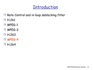Introduction Rate Control and in-loop deblocking filter H.261 MPEG-1 MPEG-2 H.263 MPEG-4 H.264 