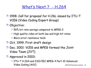 What’s Next ?  - H.264 1998: Call for proposal for H.26L issued by ITU-T VCEG (Video Coding Expert Group) Objective:  50% bit rate savings compared to MPEG-2  High quality video at both low and high bit rates More error resilience tools Oct. 1999: First draft design Dec. 2001: VCEG and MPEG formed the Joint Video Team (JVT) Approved in 2003: ITU-T H.264 and ISO/IEC MPEG-4 Part 10 Advanced Video Coding (AVC) 