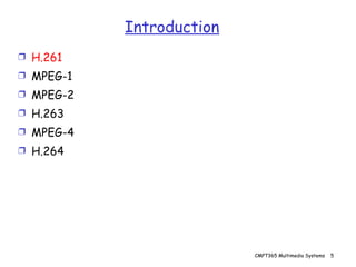 Introduction H.261 MPEG-1 MPEG-2 H.263 MPEG-4 H.264 