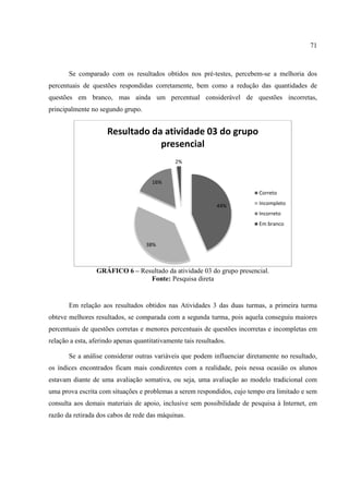 71



       Se comparado com os resultados obtidos nos pré testes, percebe
                                                  pré-testes, percebem-se a melhoria dos
percentuais de questões respondidas corretamente, bem como a redução das quantidades de
questões em branco, mas ainda um percentual considerável de questões incorretas,
                                                            ques
principalmente no segundo grupo.


                     Resultado da atividade 03 do grupo
                                 presencial
                                               2%


                                      16%
                                                                          Correto

                                                              44%         Incompleto
                                                                          Incorreto
                                                                          Em branco


                                    38%



                 GRÁFICO 6 – Resultado da atividade 03 do grupo presencial.
                                                                 resencial.
                                Fonte: Pesquisa direta


       Em relação aos resultados obtidos nas Atividades 3 das duas turmas, a primeira turma
obteve melhores resultados, se comparada com a segunda turma, pois aquela conseguiu maiores
        elhores
percentuais de questões corretas e menores percentuais de questões incorretas e incompletas em
relação a esta, aferindo apenas quantitativamente tais resultados.

       Se a análise considerar outras variáveis que podem influenciar diretamente no resultado,
os índices encontrados ficam mais condizentes com a realidade, pois nessa ocasião os alunos
estavam diante de uma avaliação somativa, ou seja, uma avaliação ao modelo tradicional com
uma prova escrita com situações e problemas a serem respondidos, cujo tempo era limitado e sem
consulta aos demais materiais de apoio, inclusive sem possibilidade de pesquisa à Internet, em
                                                      possibilidade
razão da retirada dos cabos de rede das máquinas.
 