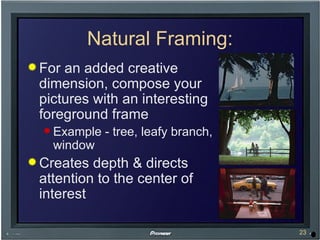 Natural Framing: For an added creative dimension, compose your pictures with an interesting foreground frame Example - tree, leafy branch, window Creates depth & directs attention to the center of interest 