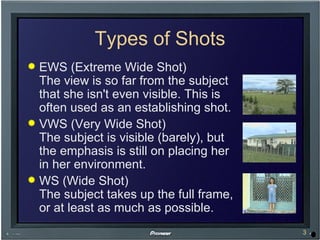 Types of Shots EWS (Extreme Wide Shot) The view is so far from the subject that she isn't even visible. This is often used as an establishing shot. VWS (Very Wide Shot) The subject is visible (barely), but the emphasis is still on placing her in her environment. WS (Wide Shot) The subject takes up the full frame, or at least as much as possible. 