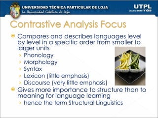 Compares and describes languages level by level in a specific order from smaller to larger units Phonology Morphology Syntax Lexicon (little emphasis) Discourse (very little emphasis) Gives more importance to structure than to meaning for language learning hence the term Structural Linguistics 