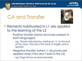 Elements habituated in L1 are applied to the learning of the L2 Positive transfer (same structures present in both languages) eg.  Plurals indicated by adding an “s” to the end of the noun. This rule is the same in English and in Spanish Negative transfer (when L1 structures are applied when they don’t exist in the L2) eg. Page 36 has several examples 