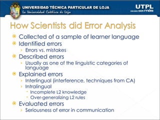 Collected of a sample of learner language Identified errors Errors vs. mistakes Described errors Usually as one of the linguistic categories of language Explained errors Interlingual (interference, techniques from CA) Intralingual Incomplete L2 knowledge Over-generalizing L2 rules Evaluated errors Seriousness of error in communication 