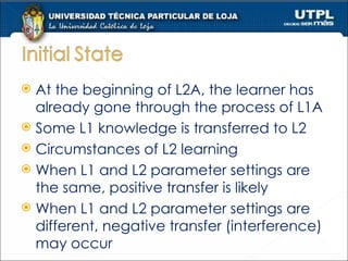 At the beginning of L2A, the learner has already gone through the process of L1A Some L1 knowledge is transferred to L2 Circumstances of L2 learning When L1 and L2 parameter settings are the same, positive transfer is likely When L1 and L2 parameter settings are different, negative transfer (interference) may occur  