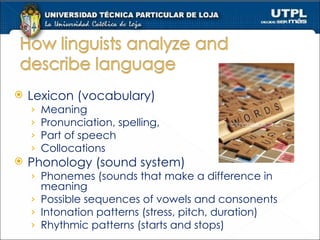 Lexicon (vocabulary) Meaning Pronunciation, spelling,  Part of speech Collocations Phonology (sound system) Phonemes (sounds that make a difference in meaning Possible sequences of vowels and consonents Intonation patterns (stress, pitch, duration) Rhythmic patterns (starts and stops) 